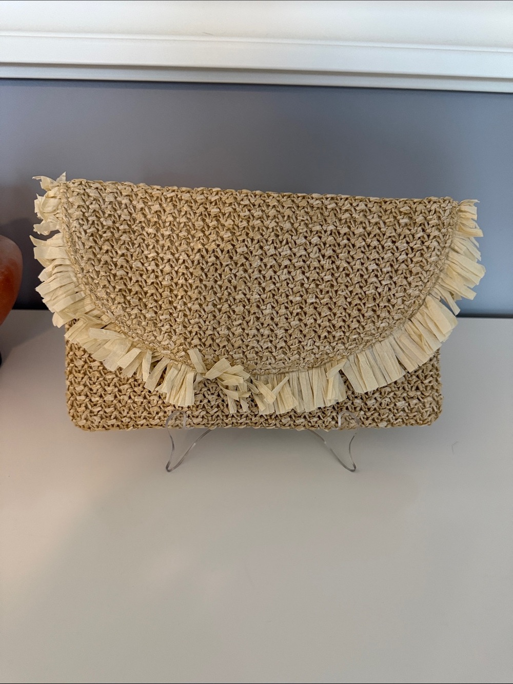 Woven Raffia Fringe Clutch - Natural